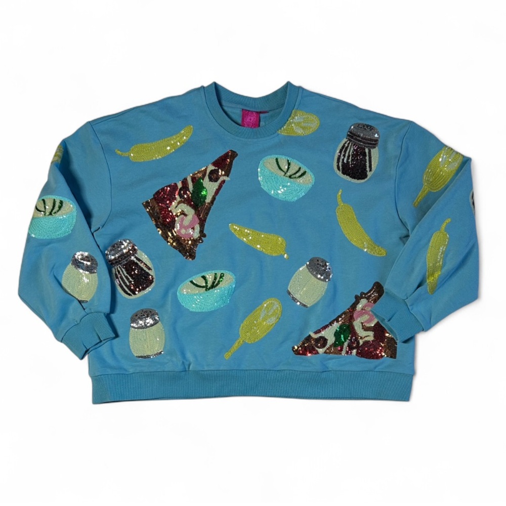 Queen Of Sparkles‎ Blue Pizza & Vegetables Sequins Colorful Oversized Sweatshirt